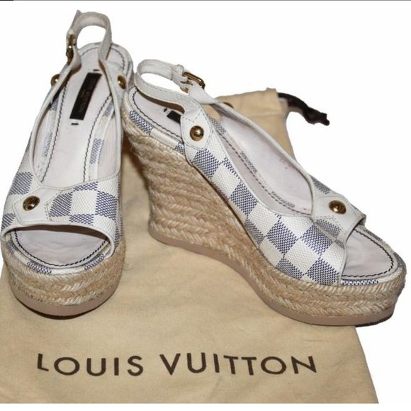 Louis Vuitton Shoes - Louis Vuitton White Lv Damier Azur Espadrille Heel